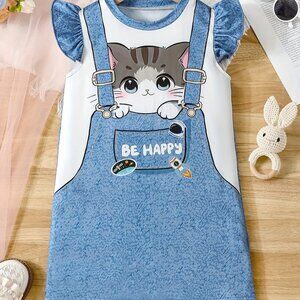 3D Suspender Kitty Print Ruffle Sleeve Dress Vacation Casual Dresses For Girls